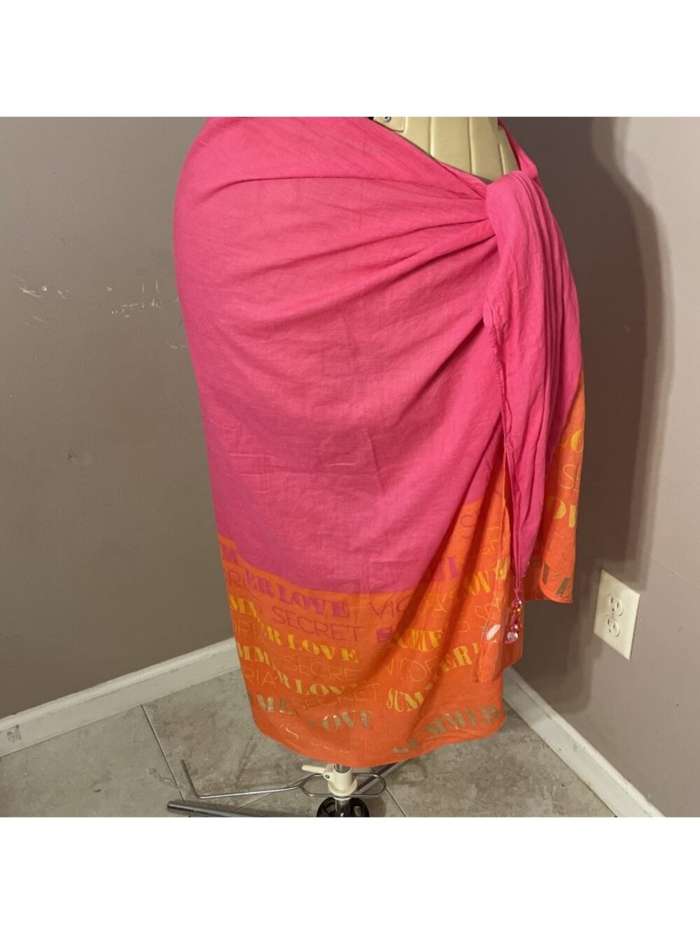 Victoria's Secret Swim Sarong Wrap Orange Pink Logo One Size Beads Summer Beach